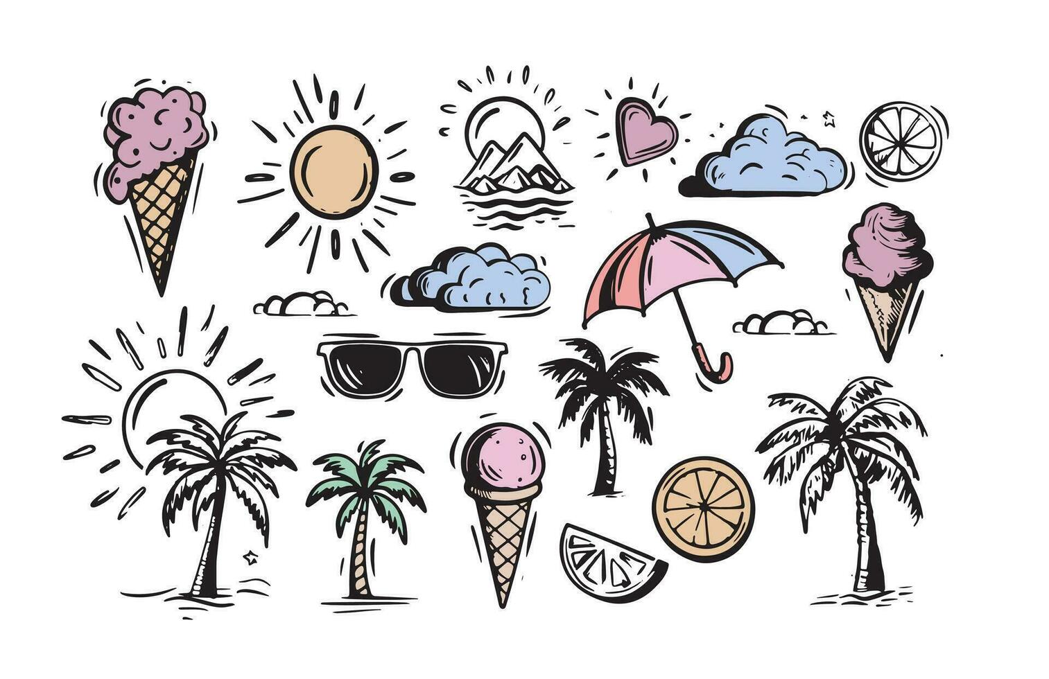 Summer icon set, hand drawn illustrations vector