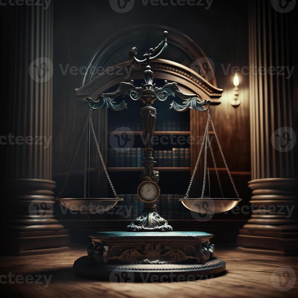 Scales of Justice in the dark Court Hall, Law concept. photo