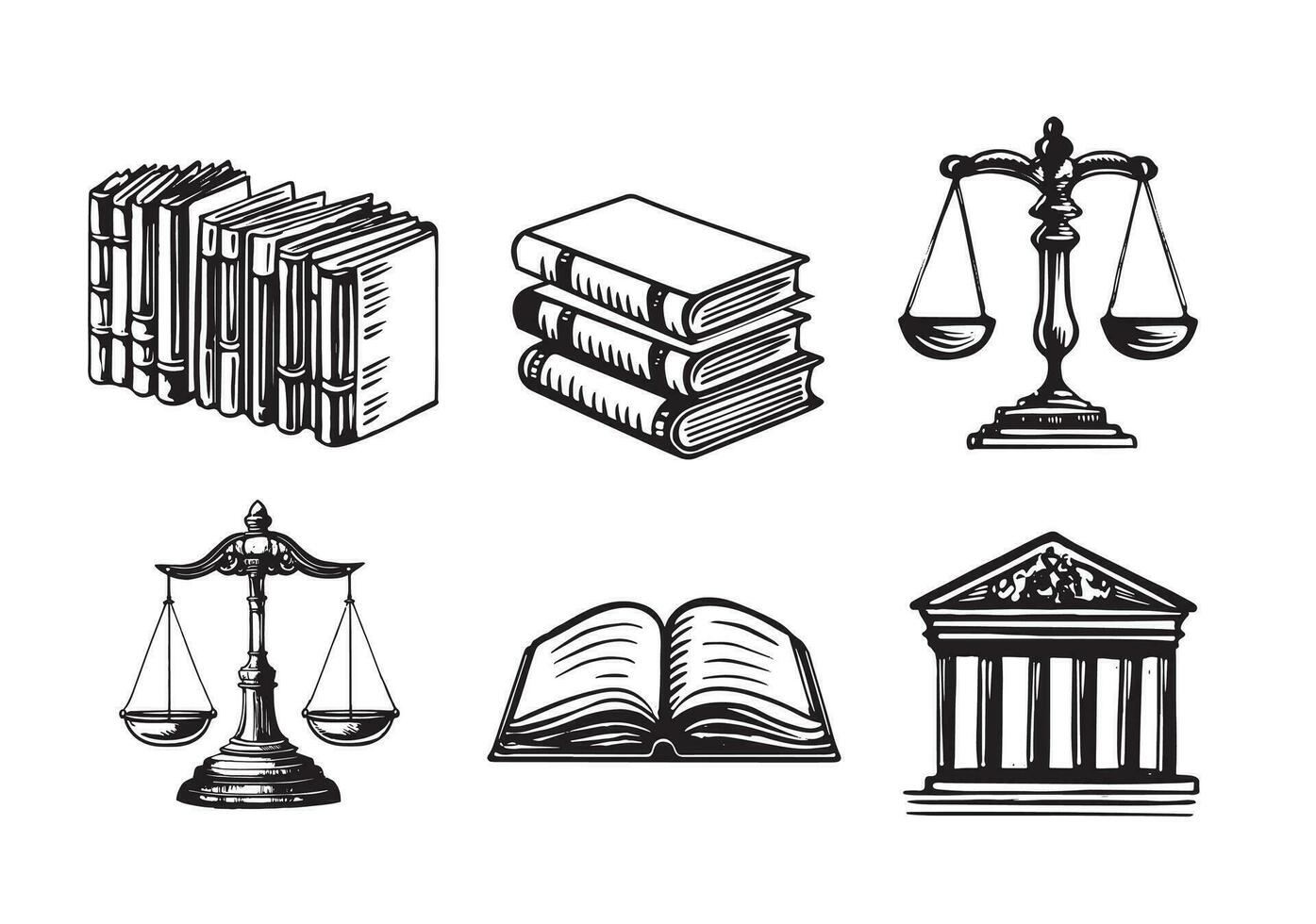 Law symbols set, Scales vector hand drawn, line drawing black on white background