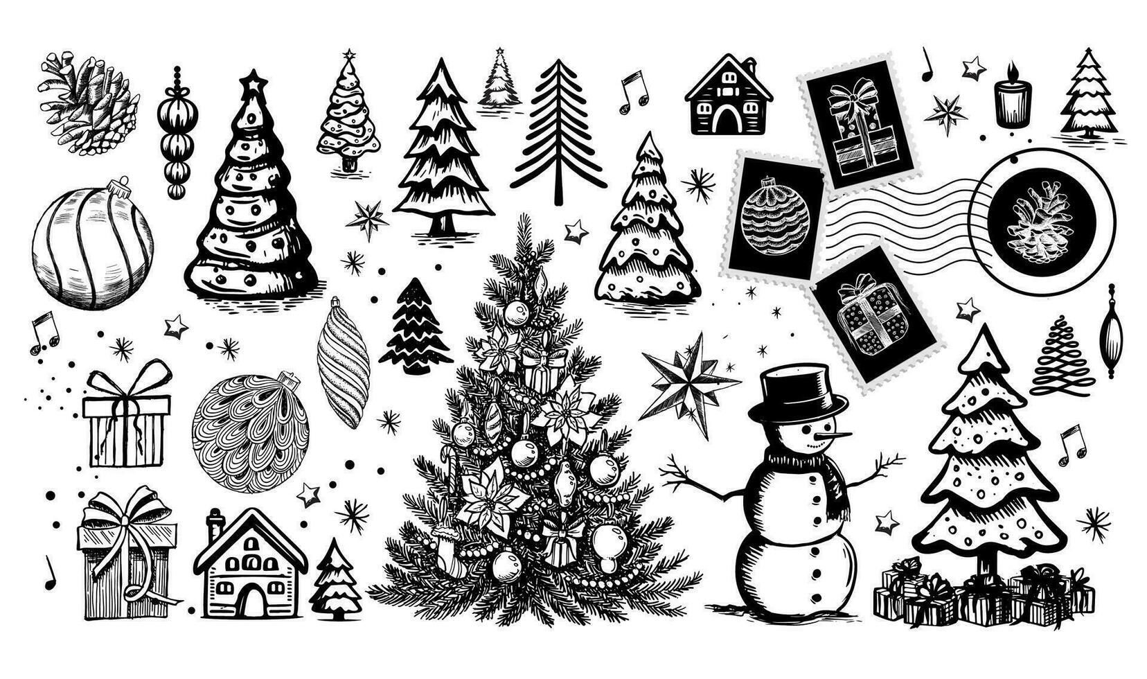 Navidad conjunto en bosquejo estilo. dibujado a mano ilustraciones, línea dibujo negro en blanco antecedentes vector
