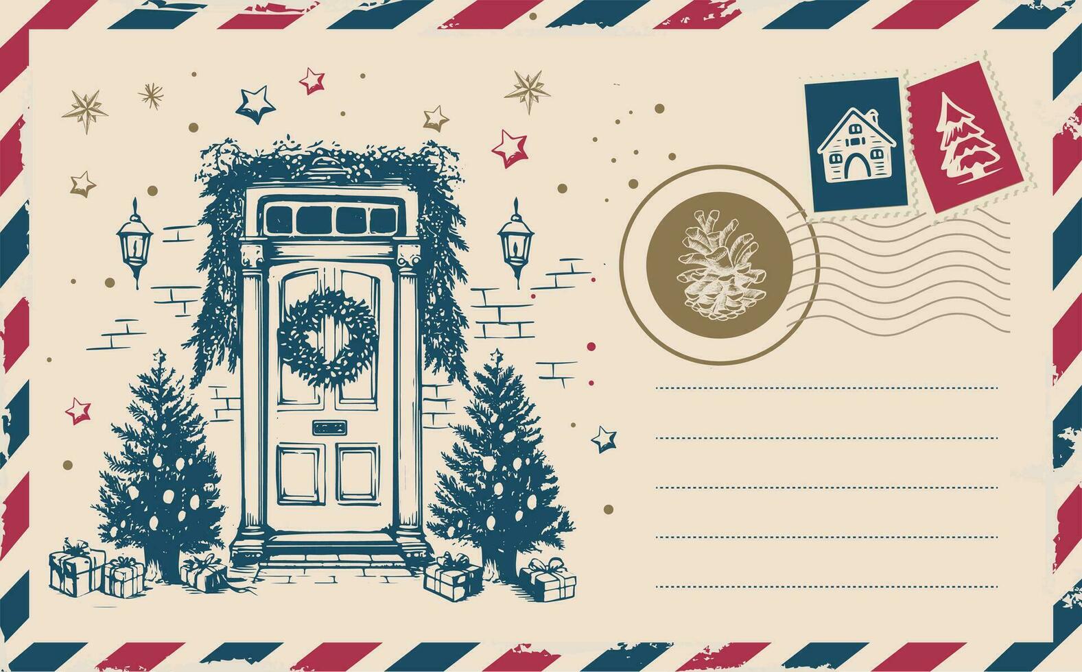 Christmas mail, postcard, Door decoration, hand drawn illustration. vector