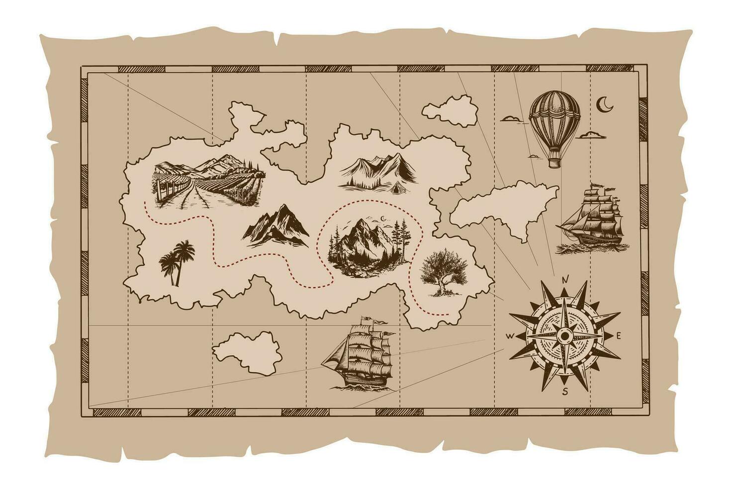 Pirate old map hand drawn Illustration. vector