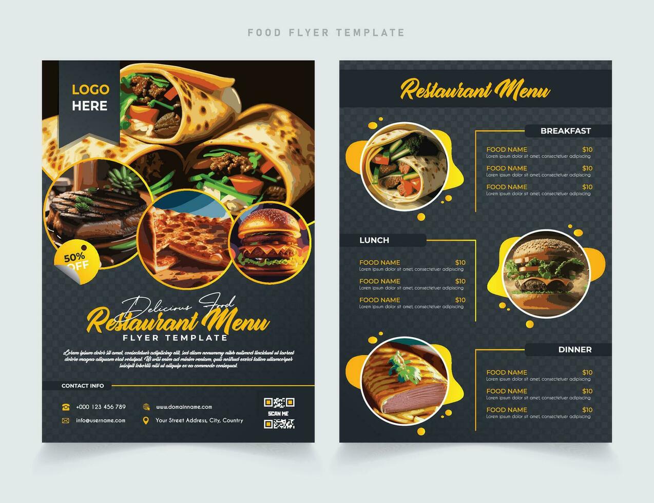 Vector menu template for restaurant and cafe. Menu cover design in black and yellow with fork and plate knife background. Modern restaurant fucking booklet brochure design