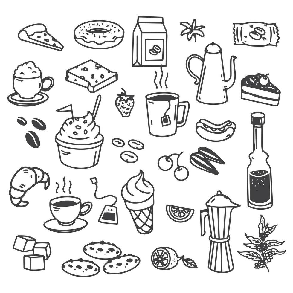 bebidas comidas íconos negro blanco dibujado a mano bosquejo vector