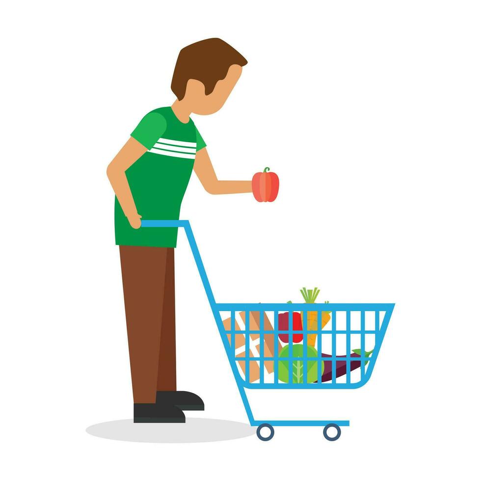 Young happy man and Women with full shopping cart. Flat design. Vector illustration.