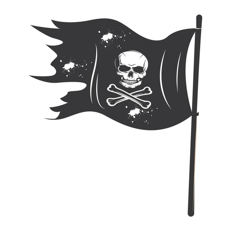 Pirate flag. Skull and bones on black ribbon. element of death. Emblem and symbol of theft and robber. Cartoon flat illustration. jolly Roger Pro Vector