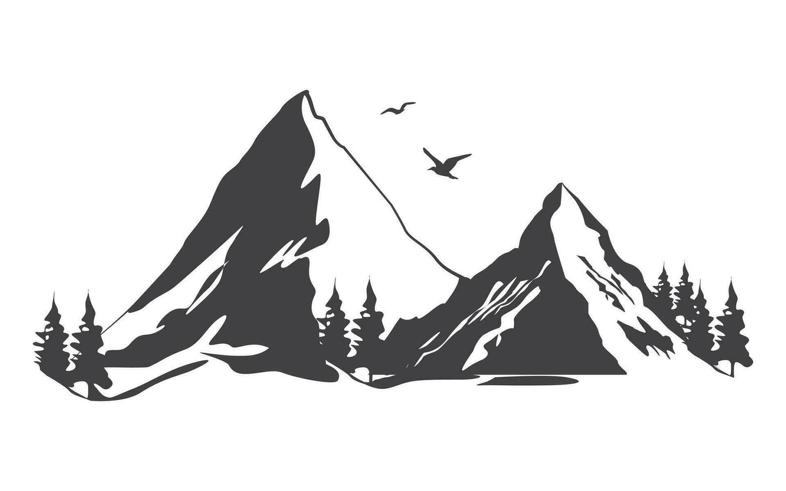 Mountains with trees. Beautiful mountain forest landscape. Black and white vector illustration. Pro Vector