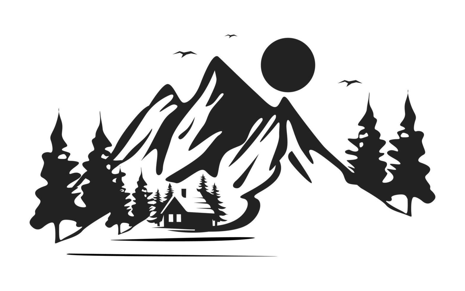 Mountains with trees. Beautiful mountain forest landscape. Black and white vector illustration. Pro Vector