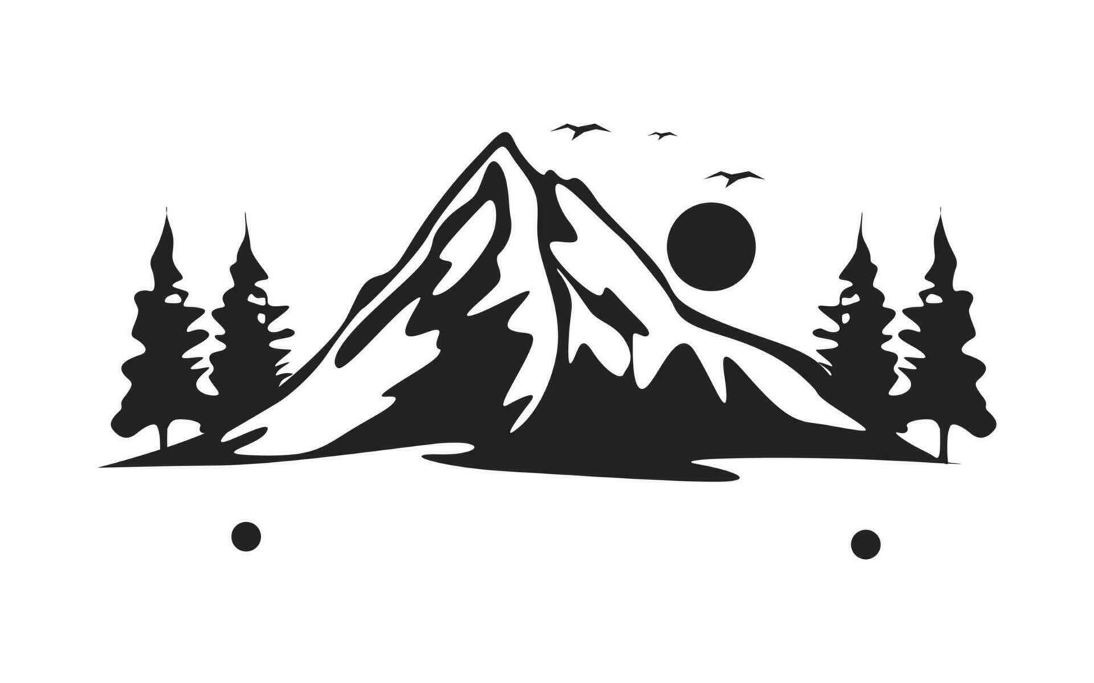 Mountains with trees. Beautiful mountain forest landscape. Black and white vector illustration. Pro Vector