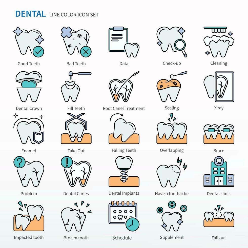 Dental icon set - Color Line Icons. Same as Check up, Cleaning, Dental Crown, Fill Teeth, Root Canel Treatment, Scaling, X ray, Take Out, Falling Teeth, Overlapping, Brace, etc. vector