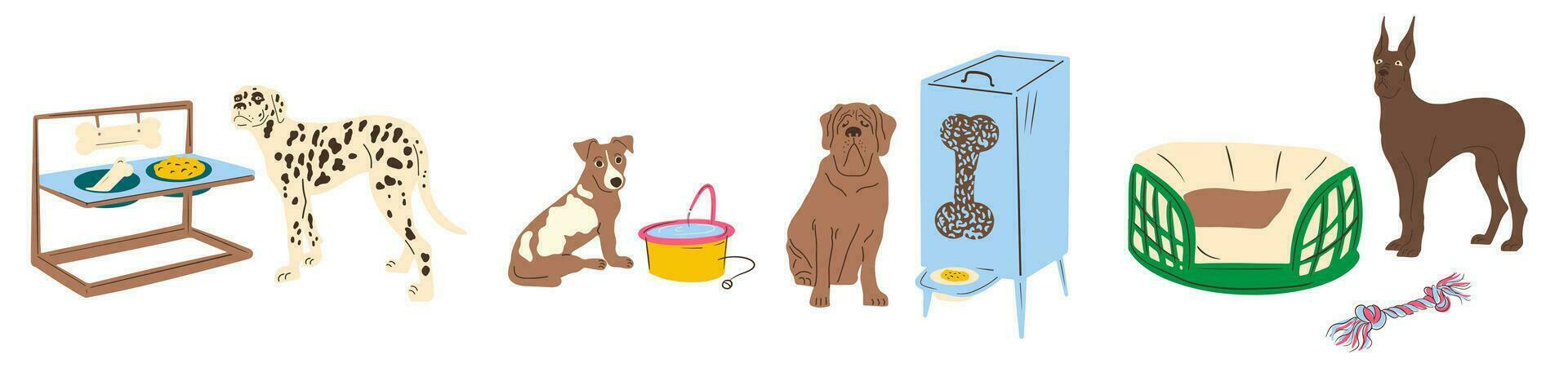 Pet shop furniture set. Pet food, pet furniture, dog rope toy, dog kennel. Vector flat illustration in minimalism style. Goods for pets.