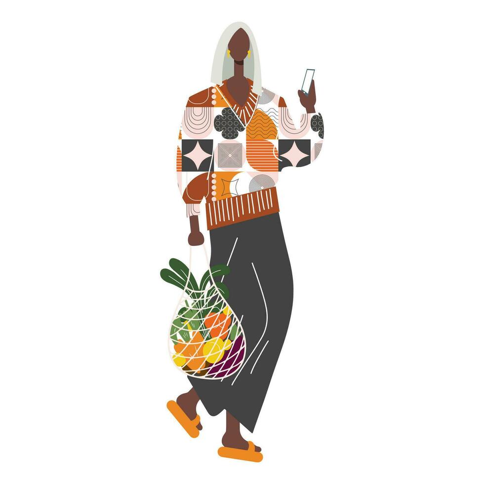 Adult woman with a grid of vegetables and a phone in her hand. Vector illustration in a flat style on a white isolated background.