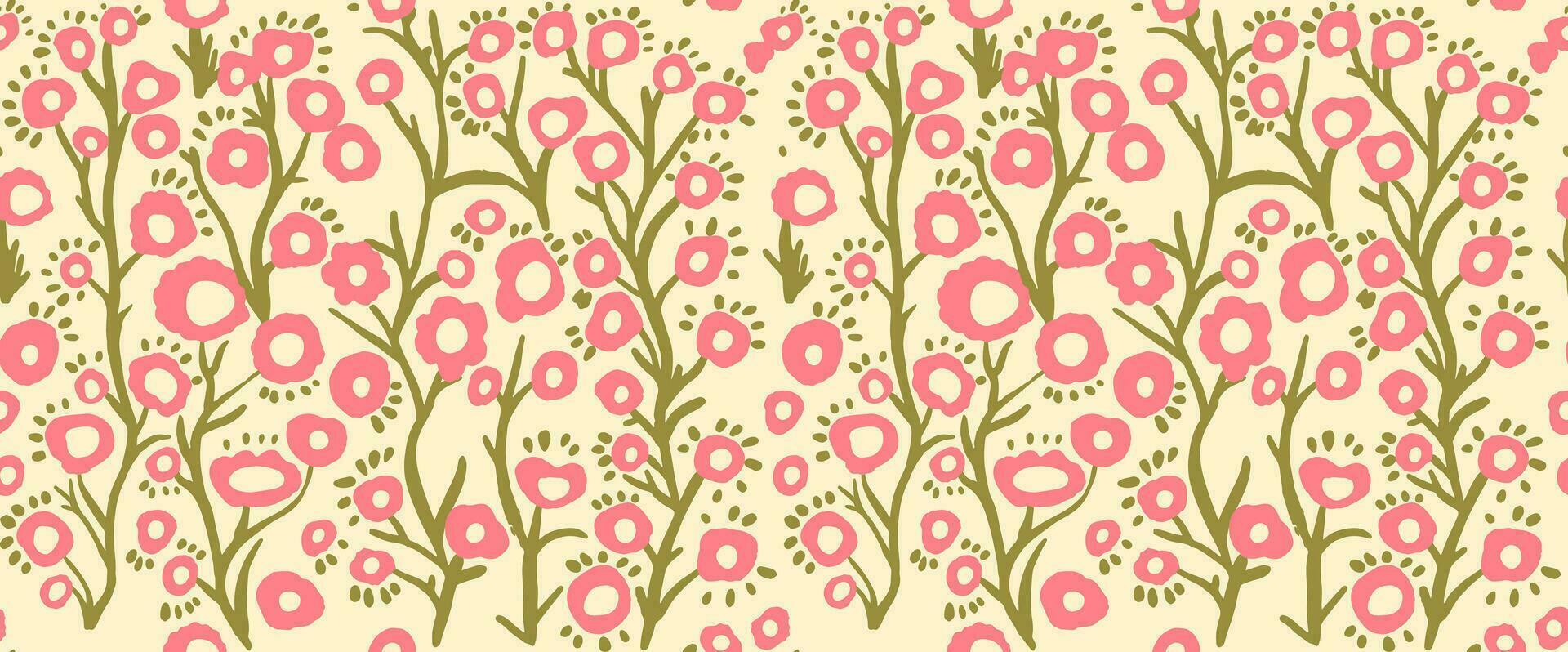 Abstract art of small plant flowers. Seamless background doodle freehand illustration. Organic flowers cartoon background, simple flower shapes in vintage pastel colors. vector