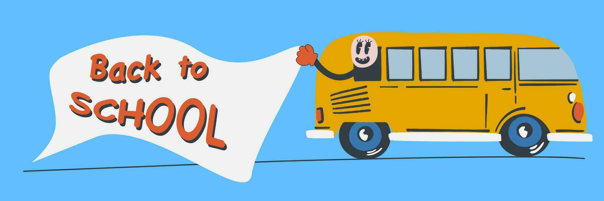 School bus with retro character. Vector illustration back to school. Funny character from the 90s.