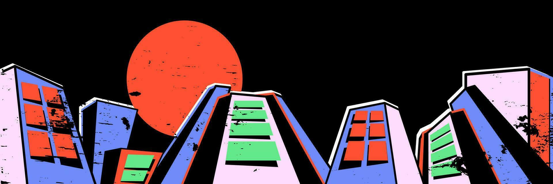 Retro city. Vector illustration in brutalism style with texture.