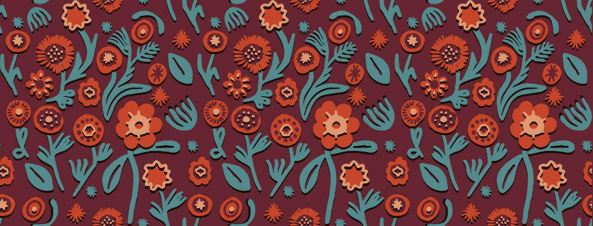Viva Magenta flowers vector. Seamless pattern of flowers in paper cut style. Vintage. vector