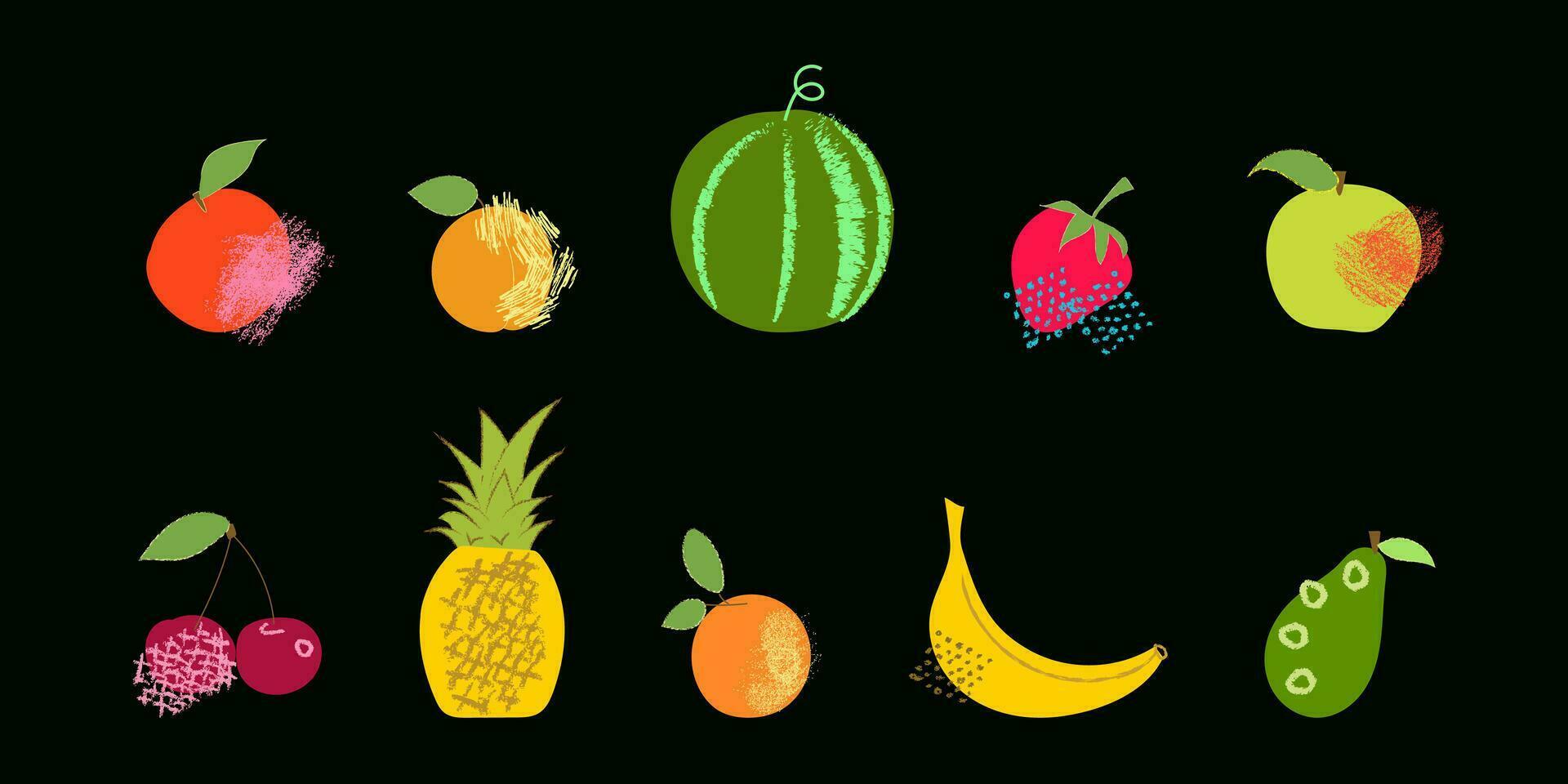 Set of fruits in flat style, illustration with texture. Pineapple, banana, cherry, orange and other fruits. vector