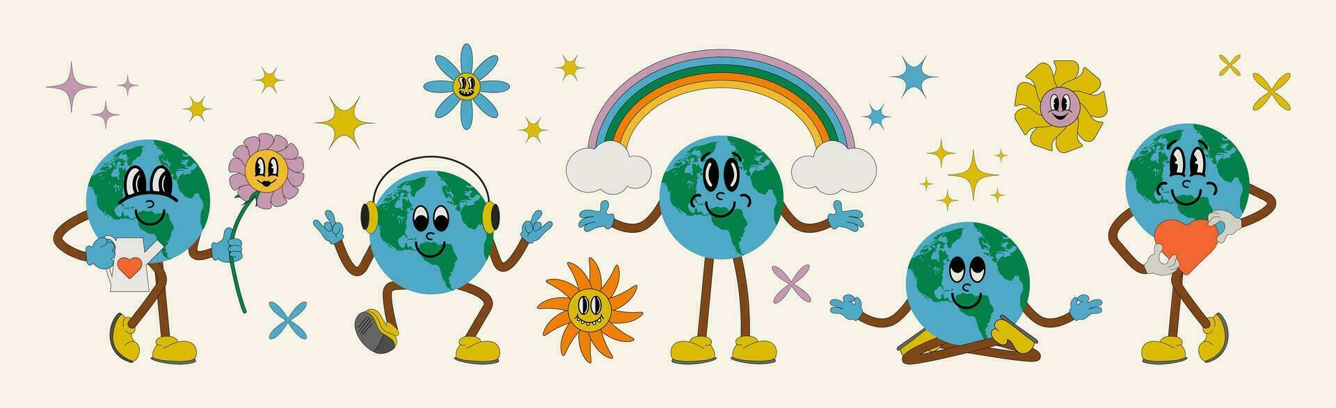 Save the planet characters in trendy retro cartoon style. Set of mascots for Earth Day. World Earth Day. Funny vector illustration of planet earth, earth meditation, heart, watering flowers, rainbow.