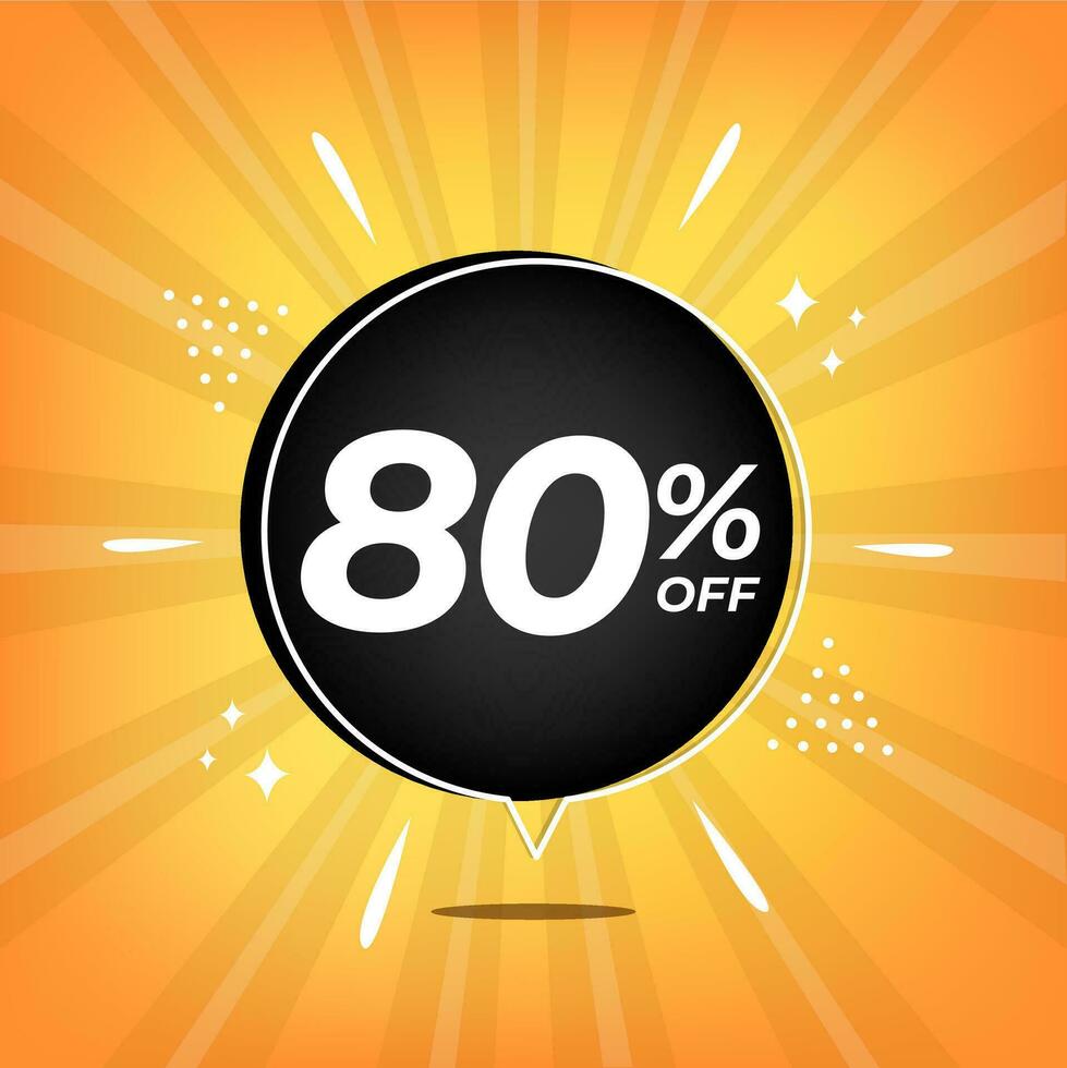 80 off. Yellow banner with eighty percent discount on a black balloon for mega big sales. vector