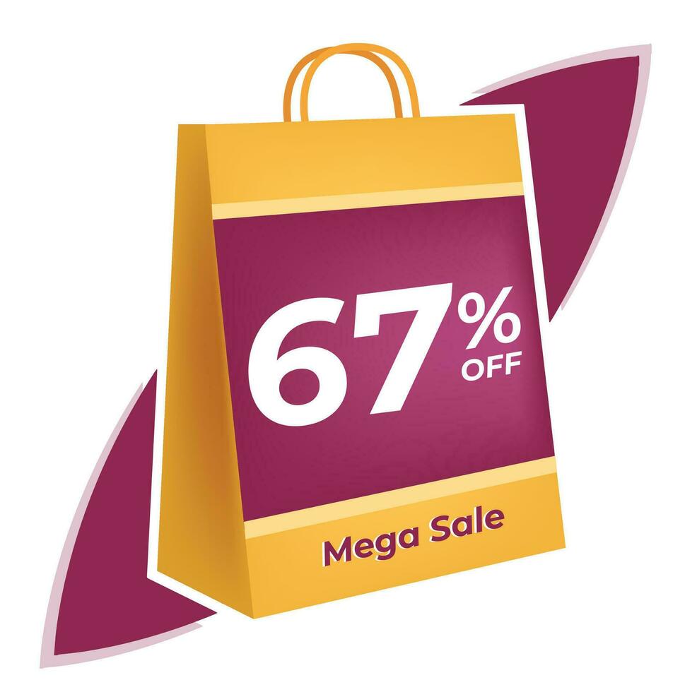 67 percent off. 3D Yellow shopping bag concept in white background. vector
