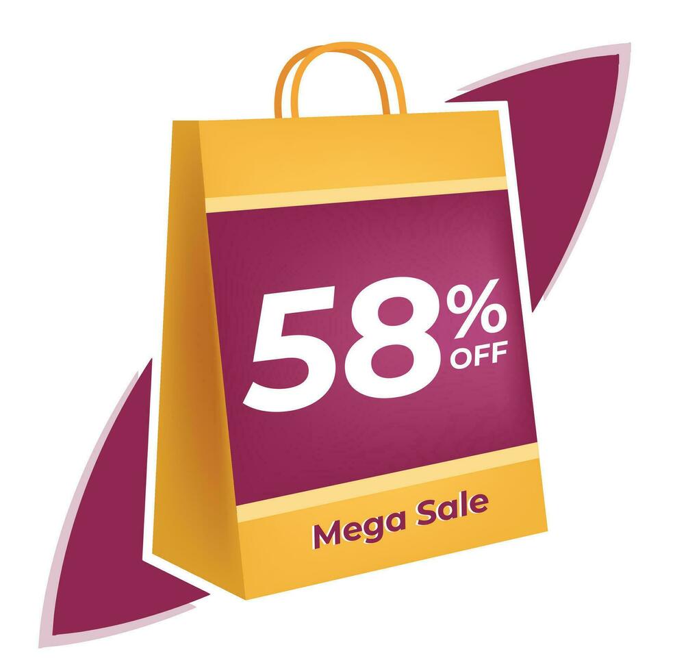 58 percent off. 3D Yellow shopping bag concept in white background. vector