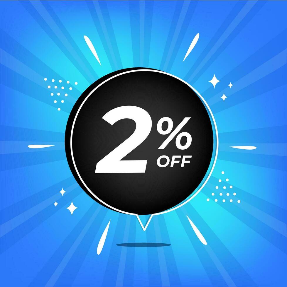 2 percent off. Blue banner with two percent discount on a black balloon for mega big sales. vector