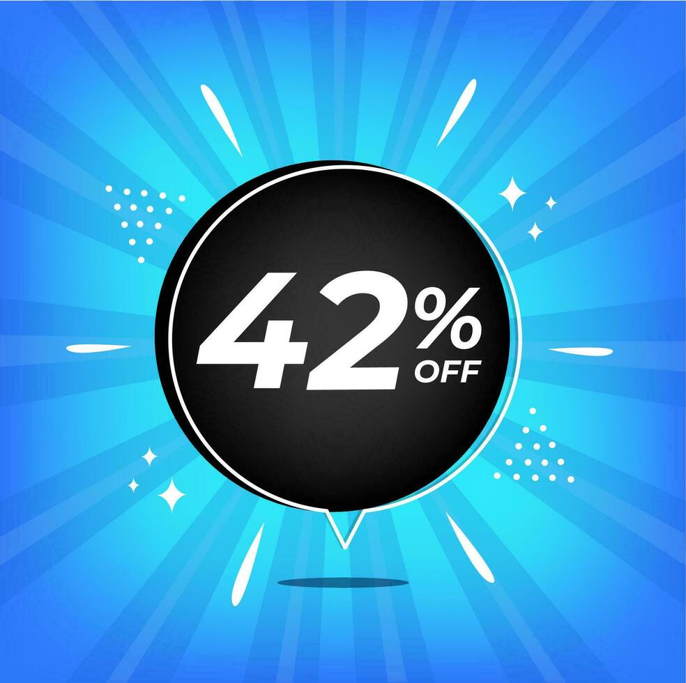 42 percent off. Blue banner with forty-two percent discount on a black balloon for mega big sales. vector