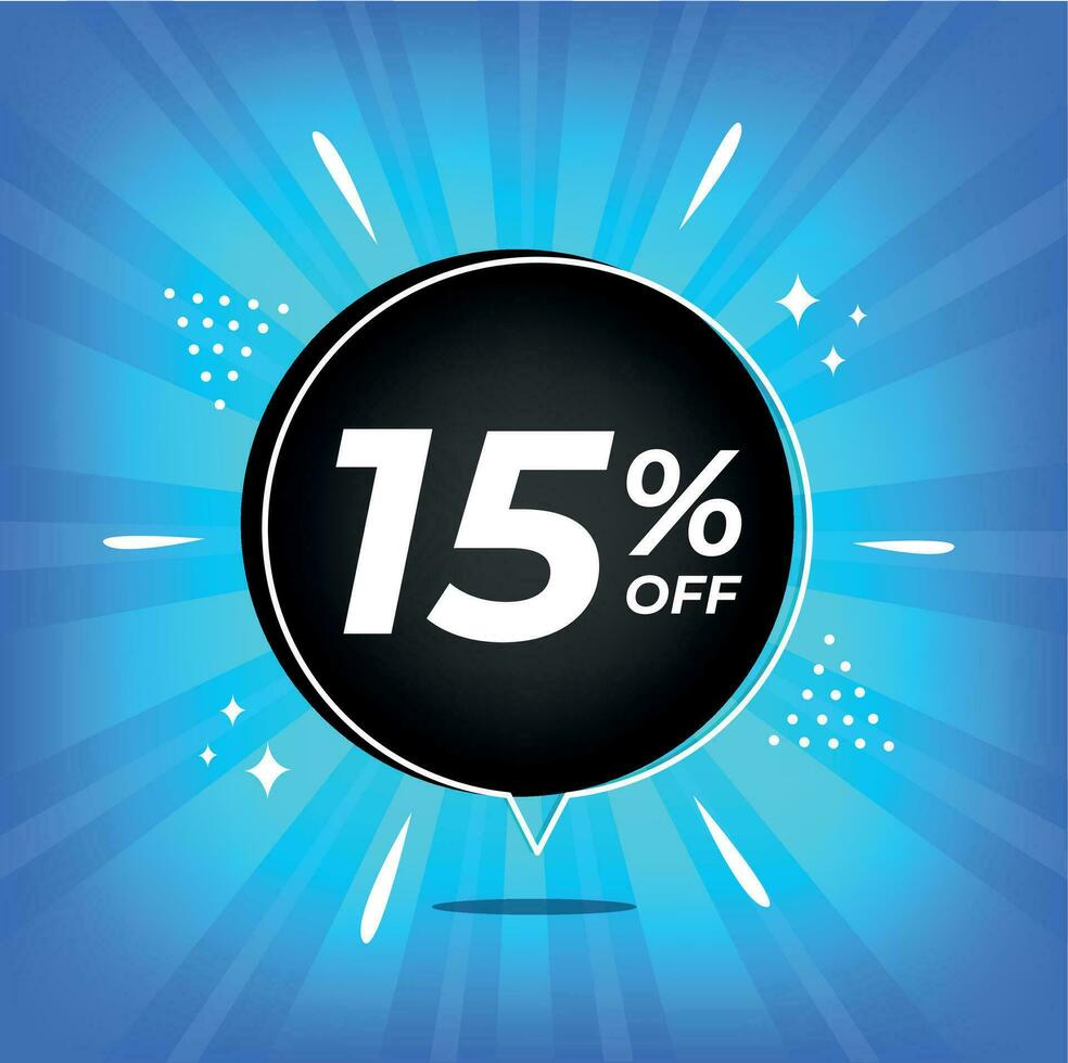 15 percent off. Blue banner with fifteen percent discount on a black balloon for mega big sales. vector