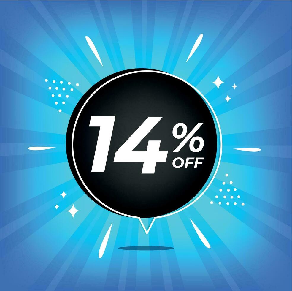 14 percent off. Blue banner with fourteen percent discount on a black balloon for mega big sales. vector