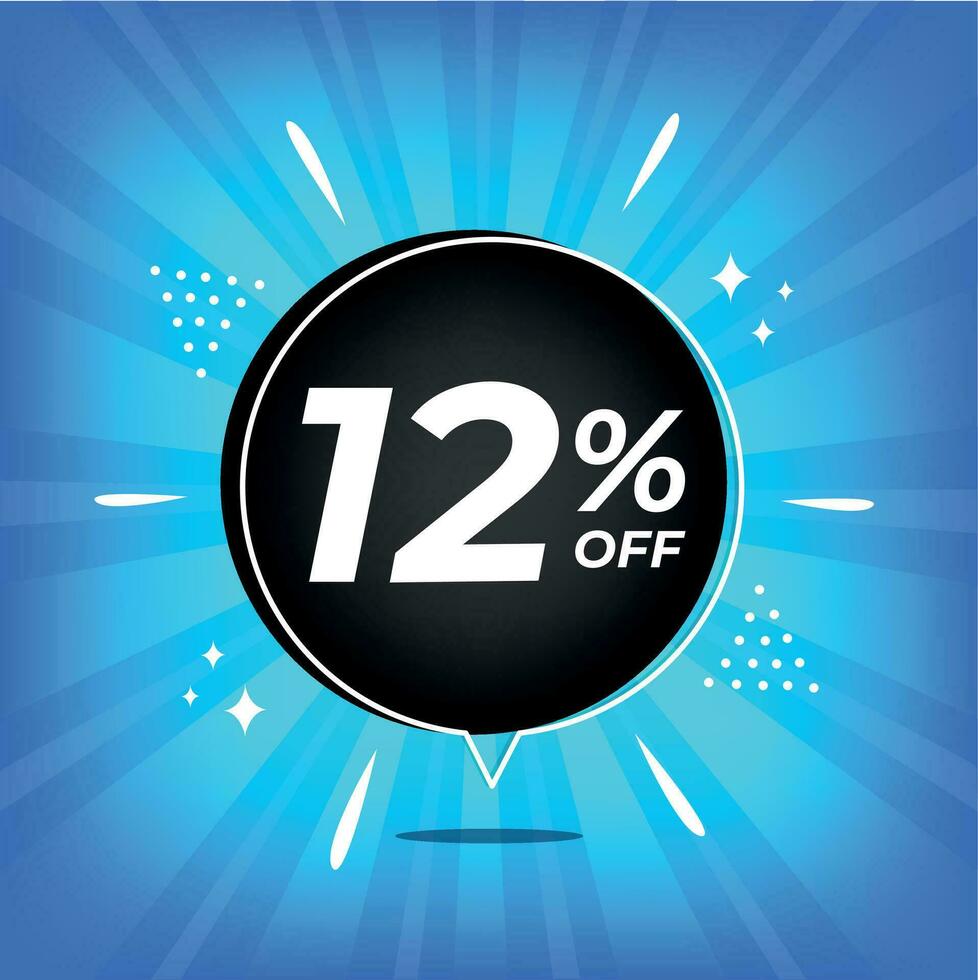 12 percent off. Blue banner with twelve percent discount on a black balloon for mega big sales. vector