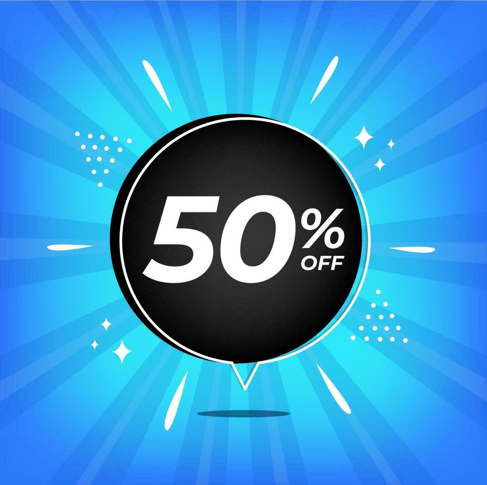 50 percent off. Blue banner with fifty percent discount on a black balloon for mega big sales. vector