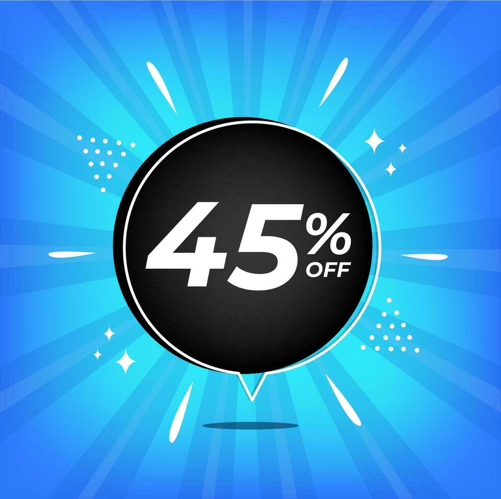 45 percent off. Blue banner with forty-five percent discount on a black balloon for mega big sales. vector