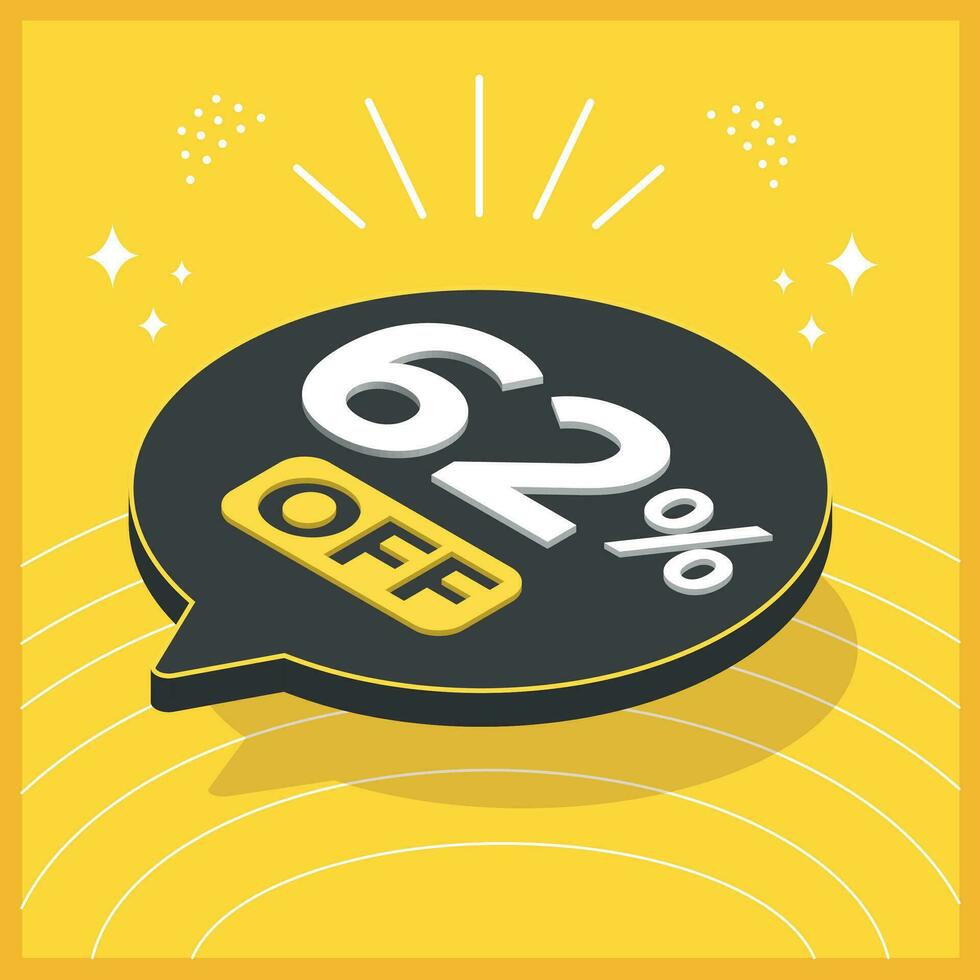 62 percent off. 3D floating balloon with promotion for sales on yellow background vector