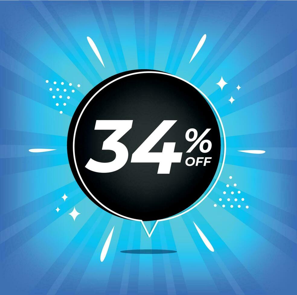 34 percent off. Blue banner with thirty-four percent discount on a black balloon for mega big sales. vector