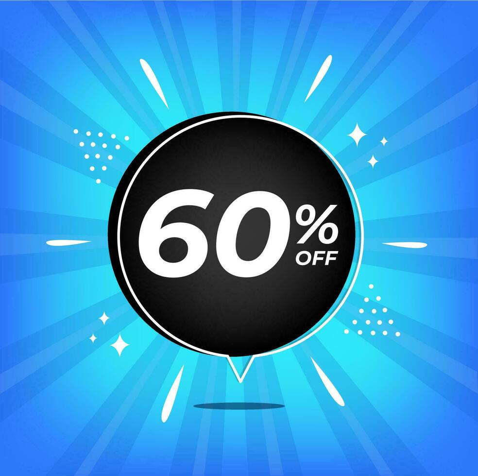 60 percent off. Blue banner with sixty percent discount on a black balloon for mega big sales. vector