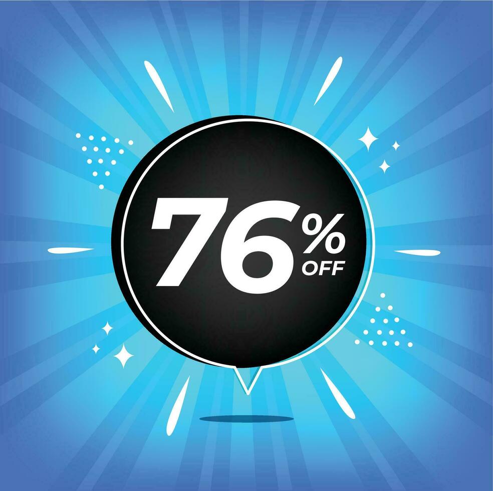 76 percent off. Blue banner with seventy-six percent discount on a black balloon for mega big sales. vector