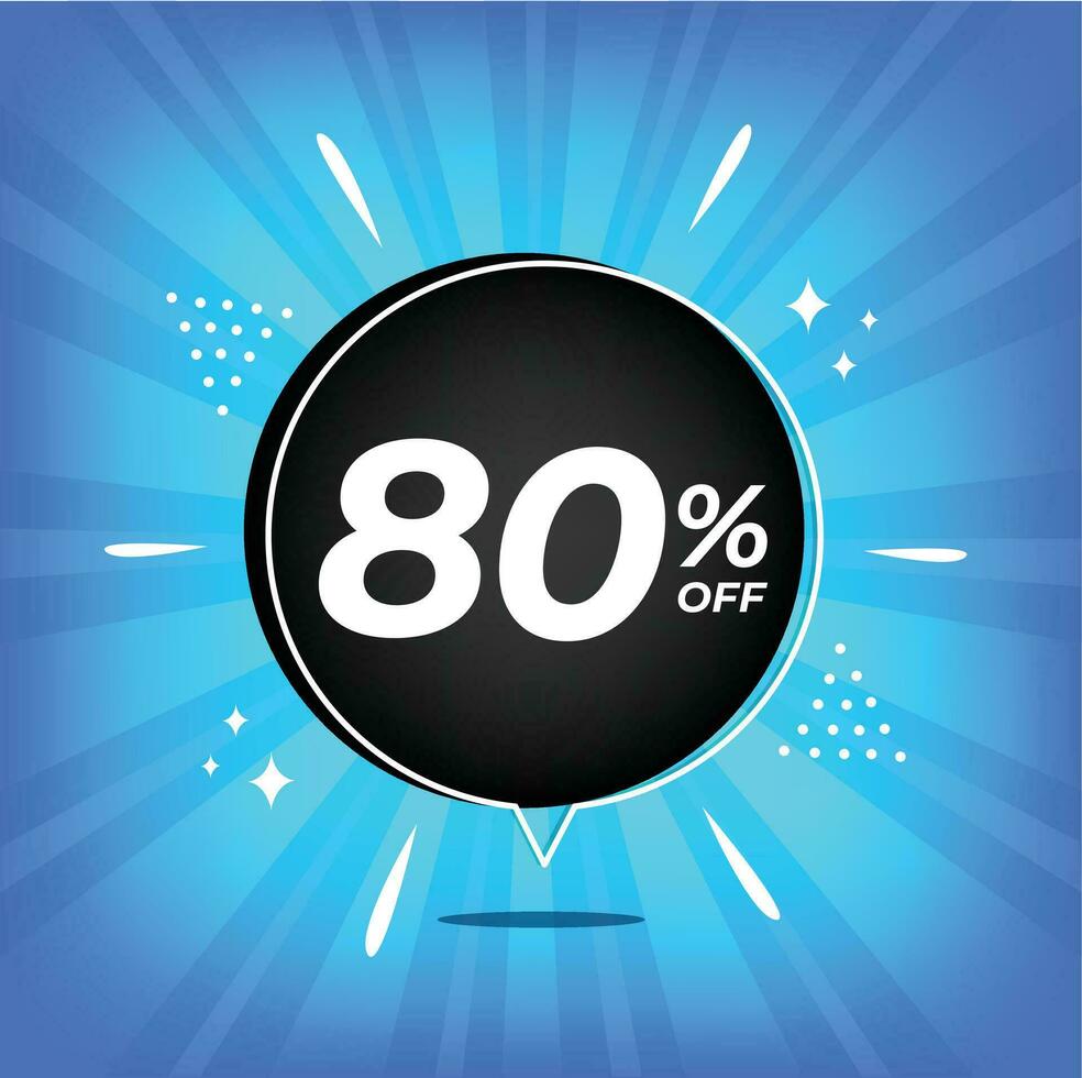 80 percent off. Blue banner with eighty percent discount on a black balloon for mega big sales. vector