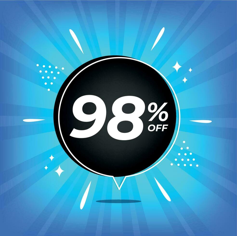 98 percent off. Blue banner with ninety-eight percent discount on a black balloon for mega big sales. vector