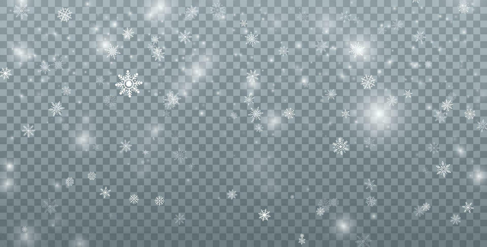 Snowfall background. Christmas snow. Falling snowflakes. Xmas holiday decoration. Vector illustration