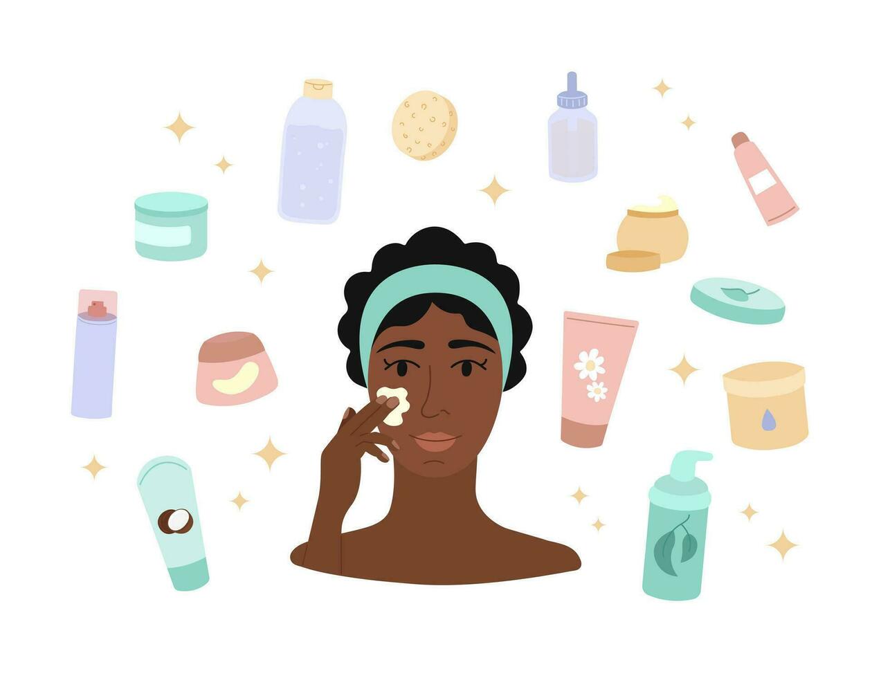 Skin care. Self care products and woman applying moisturizer. Skincare routine. Organic cosmetics concept. Herbal cosmetic lotion, serum. Vector set of flat illustrations