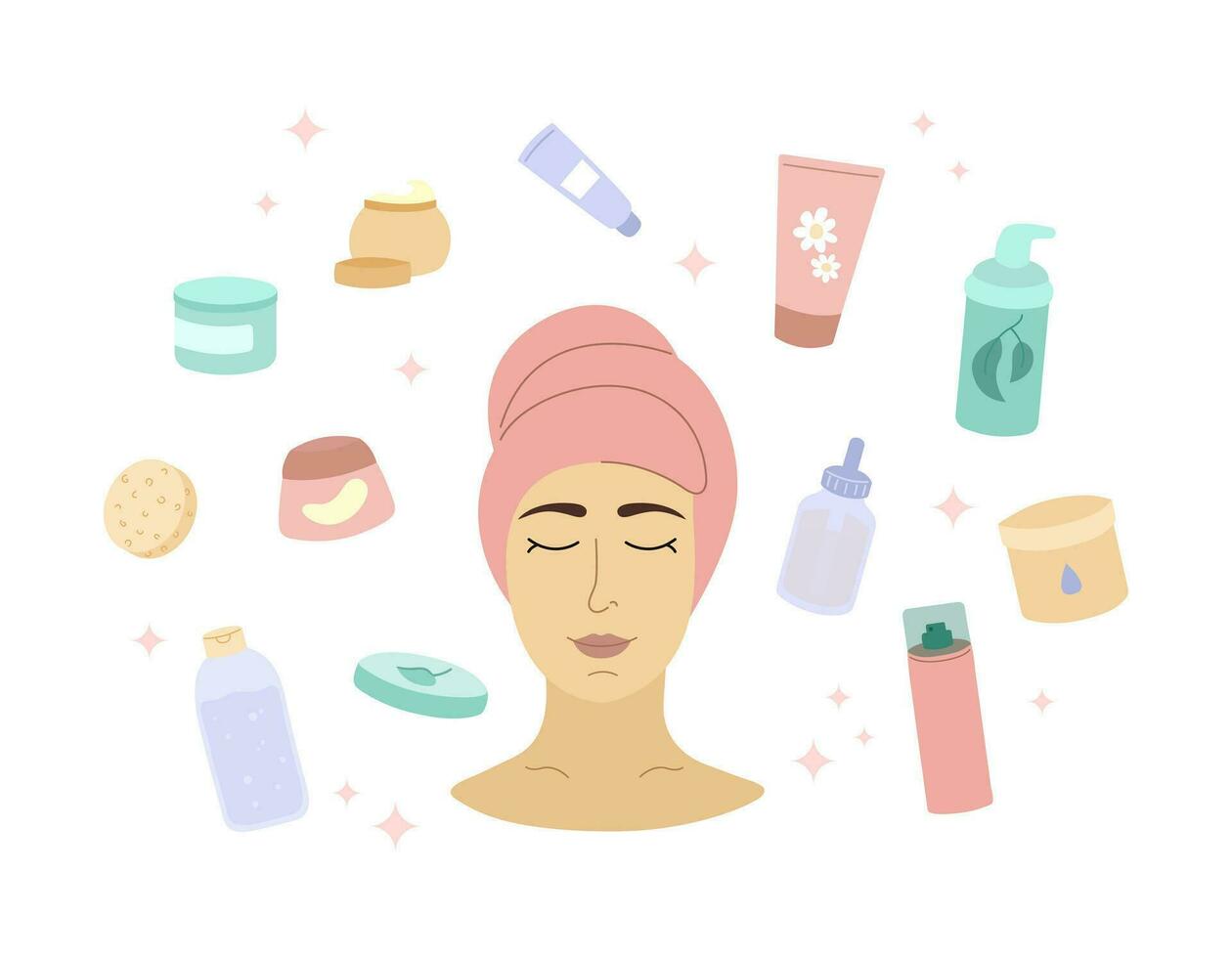 Natural skin care products and young woman no makeup. Self care concept. Daily skincare routine. Organic cosmetics lotion, moisturizer, serum, cleanser. Vector set of flat illustrations