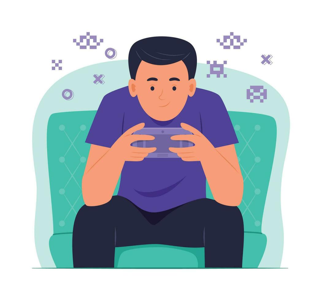 Teenage Boy Sitting on Sofa and Playing Gaming Console Concept Illustration vector