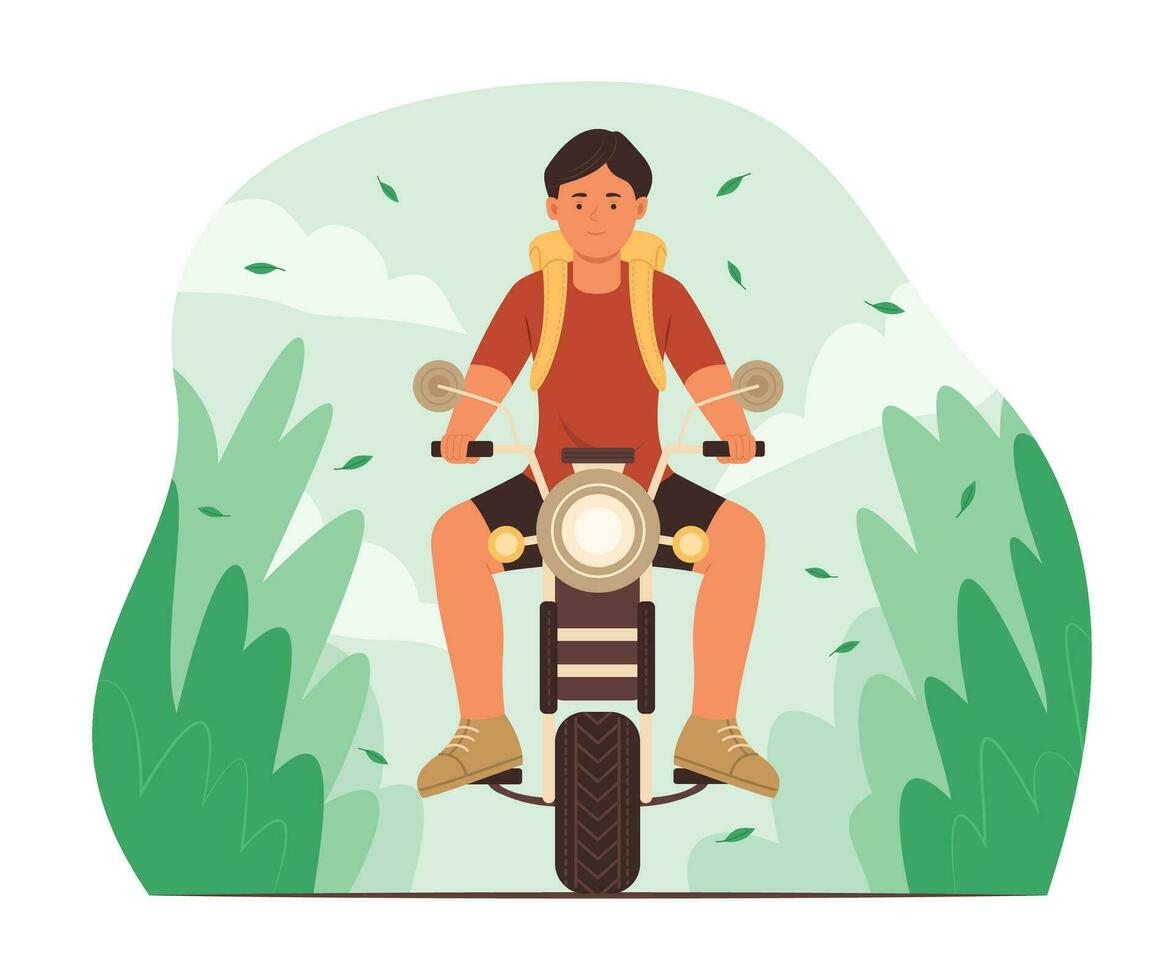 Traveler Man with Backpack Riding a Motorcycle for Travel in Nature vector