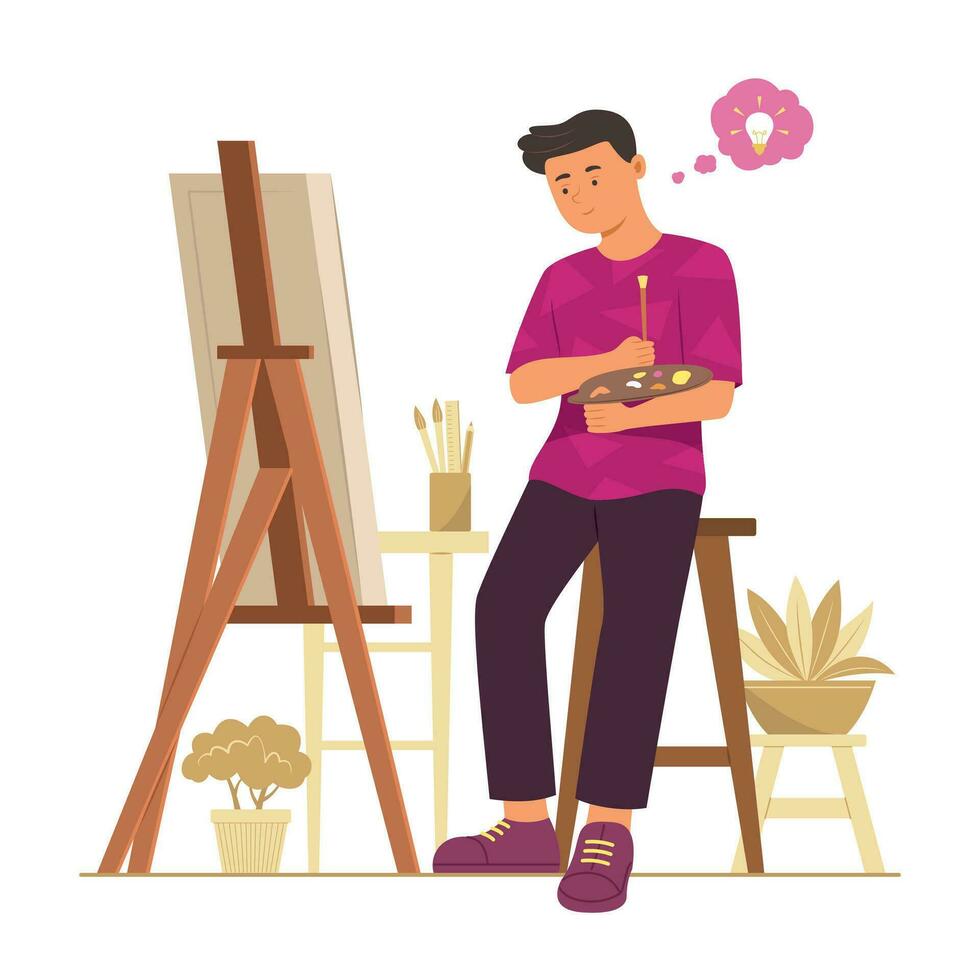 Painter Man Thinking Creative Idea and Painting Color on Canvas vector