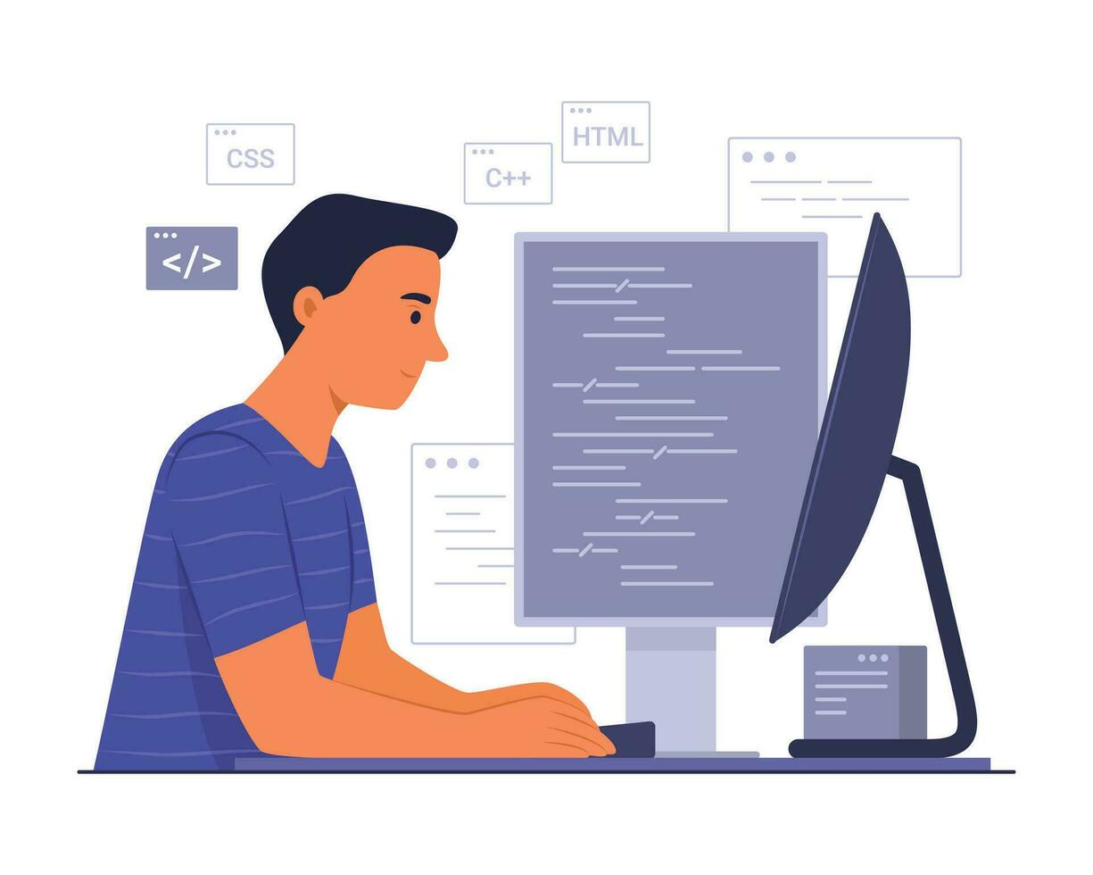 programador hombre proceso codificación para software desarrollo concepto ilustración vector