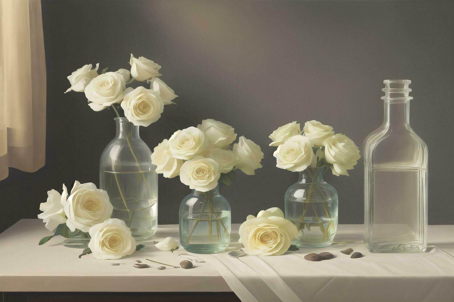 Beautiful white flower on table in transparent glass pot photo