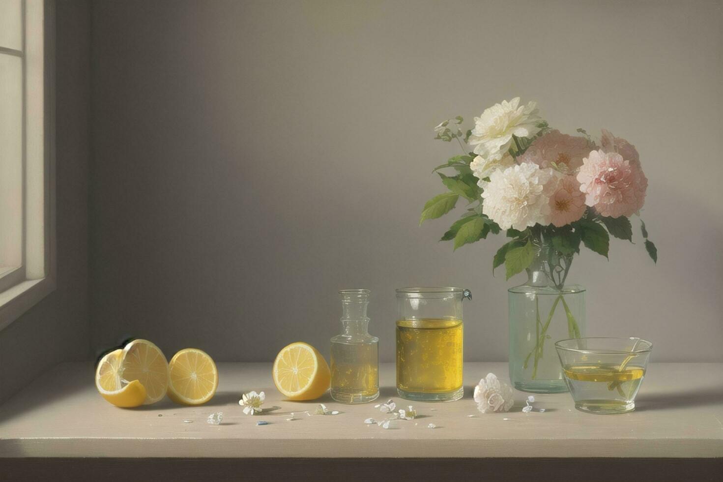 Beautiful white flower on table in transparent glass pot photo