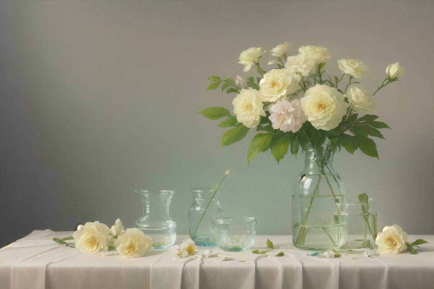 Beautiful white flower on table in transparent glass pot photo