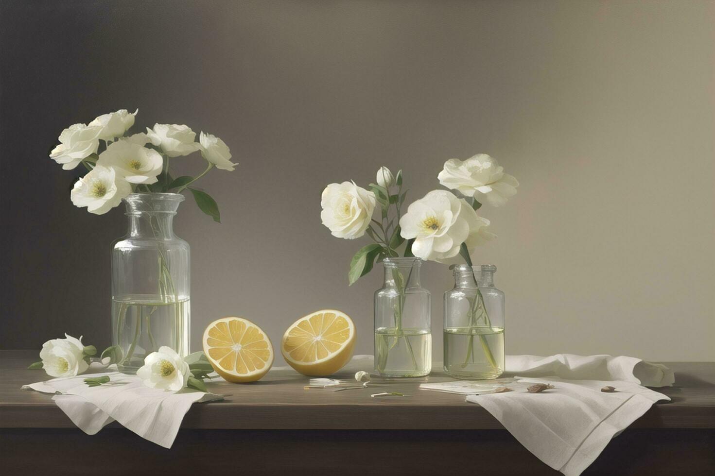 Beautiful white flower on table in transparent glass pot photo