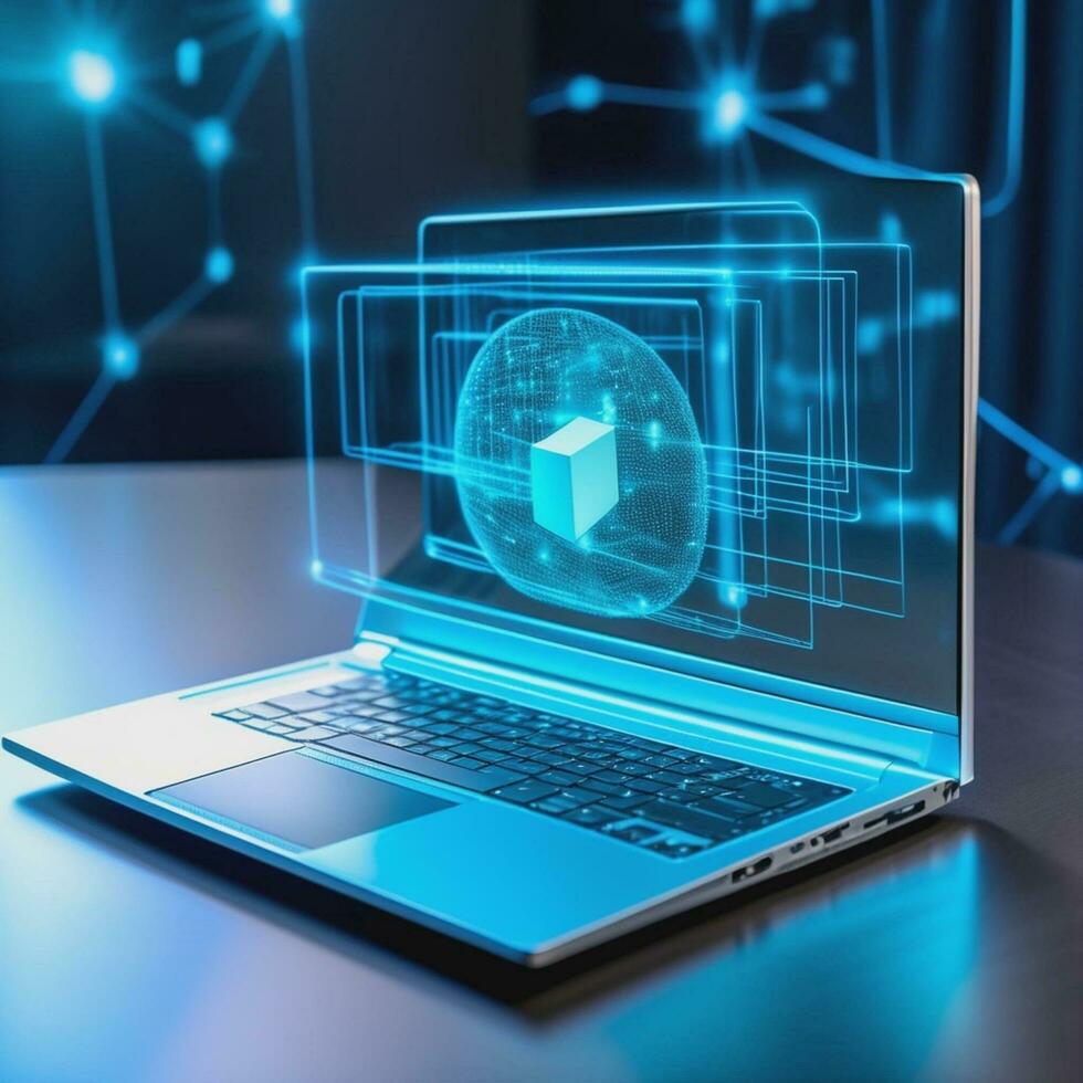 Photo laptop with hologram pop up network and business